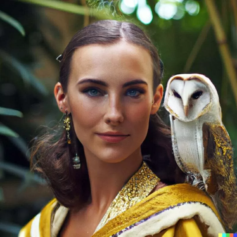 DALL E 2022 07 01 15 41 45 Medium format head and shoulder Portrait photography of a perfect young woman wearing a yellow kimono with a golden crown and a very detailed Barn owl copy 800x800