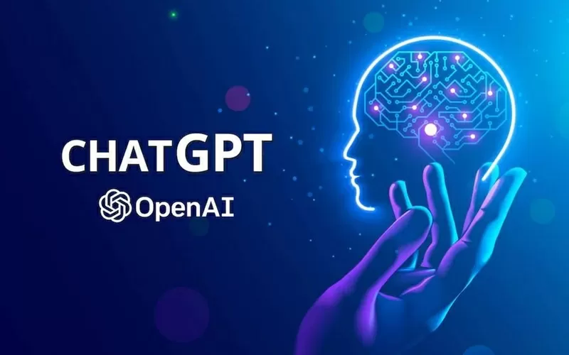 Image of hand holding an ai face looking at the words chatgpt openai
