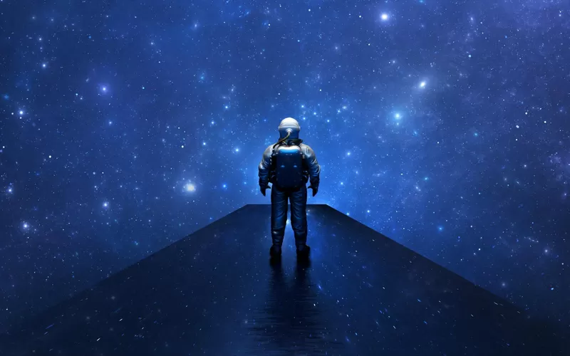 Astronaut cosmonaut stands on bridge of reflecting stars and looks into space billions of stars and galaxies discovering new worlds 3d render
