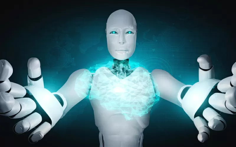 Ai humanoid robot holding virtual hologram screen showing concept of ai brain